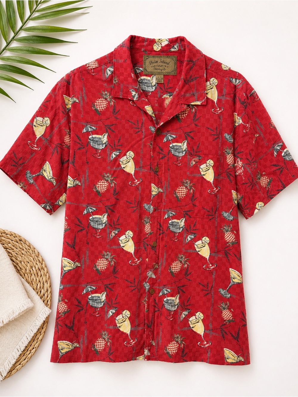 Palm Island Clothing Co Red Tropical Cocktail Hawaiian Shirt Men’s Large